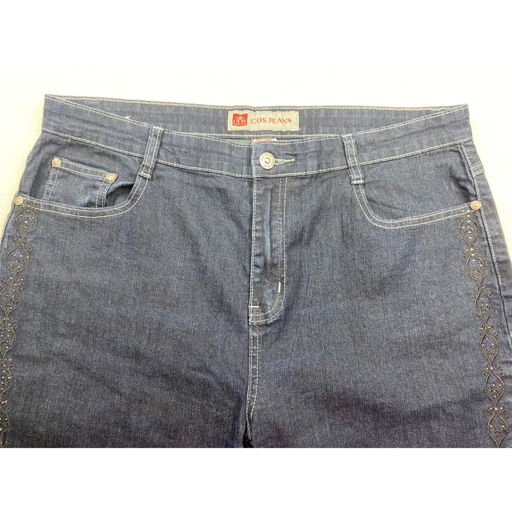 COS Jeans Womens 14 Dark Wash Straight Leg Denim Embroidered Rhinestone Blue